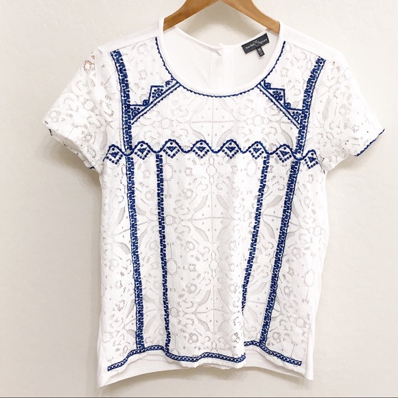 Market & Spruce Tops - Market & Spruce White Lace Blue Embroidered Blouse